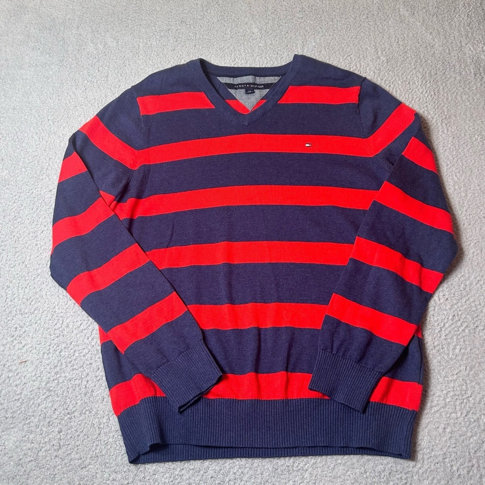 Tommy Hilfiger Sweater Mens Large Blue Red‎ Long Sleeve Embroidered Logo Sweater
